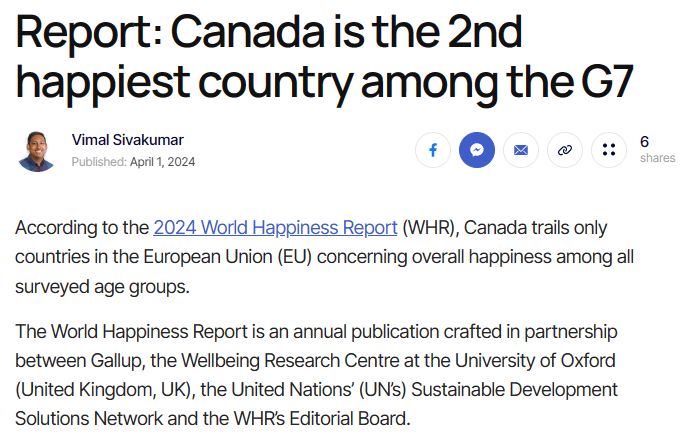 2024世界幸福报告国家排名出炉！加拿大是七国集团中第二幸福的国家~