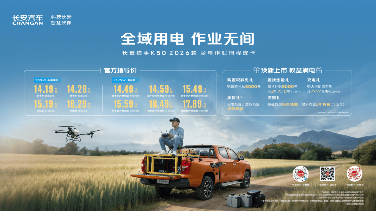 长安猎手K502026款焕新上市开启全电作业新时代(图1)
