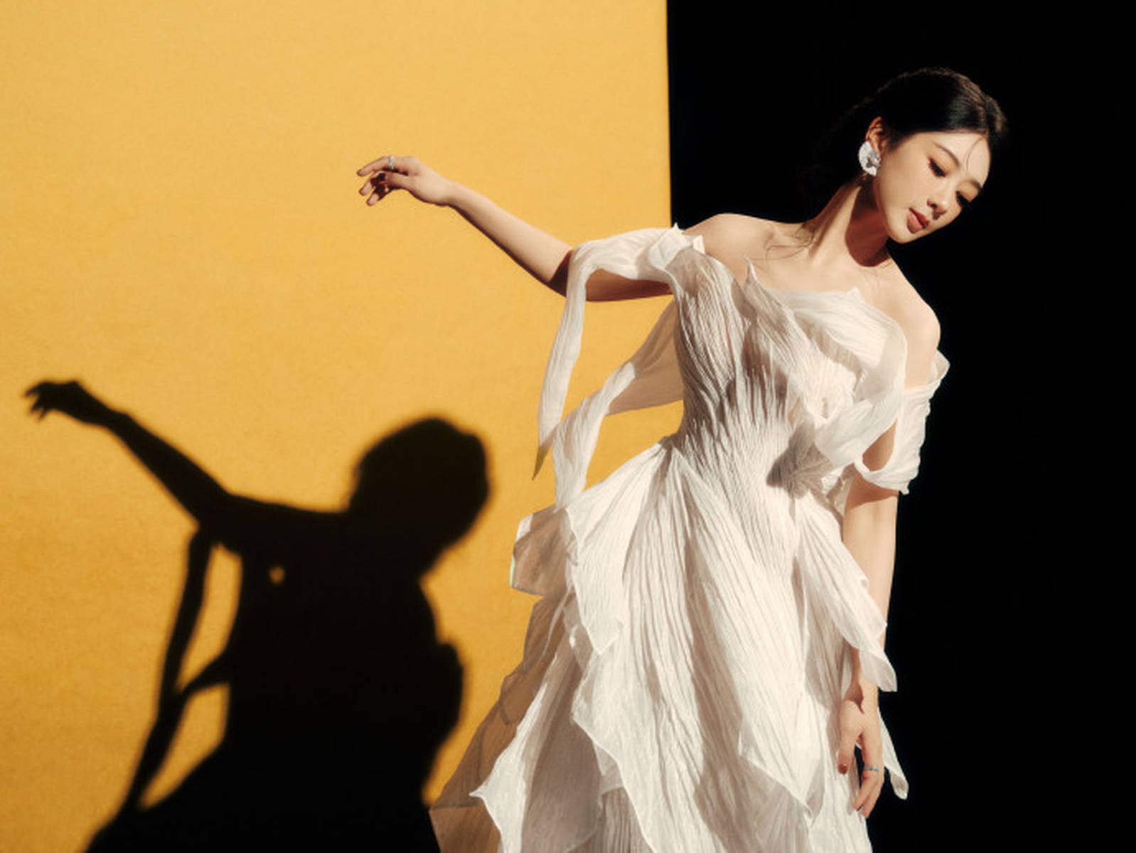 杨紫薄纱白裙似灵动花仙子 盘发造型高贵典雅