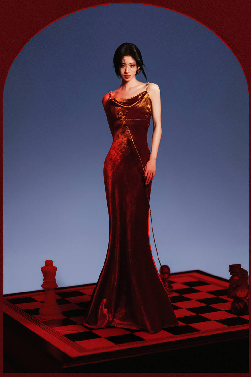 鞠婧祎穿鎏金吊带裙气场全开 置身棋盘宛如女王