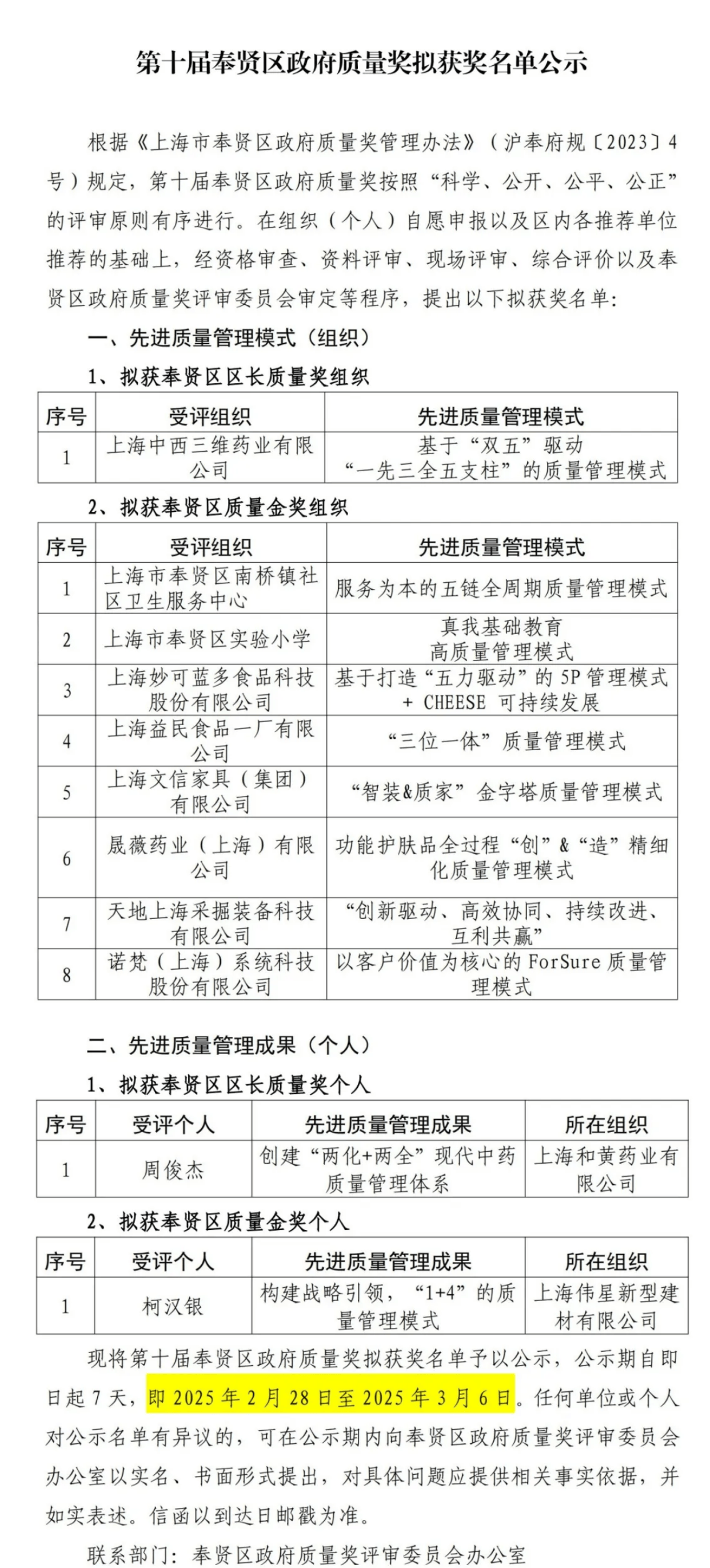 【上海市奉贤区】第十届政府质量奖拟获奖名单公示