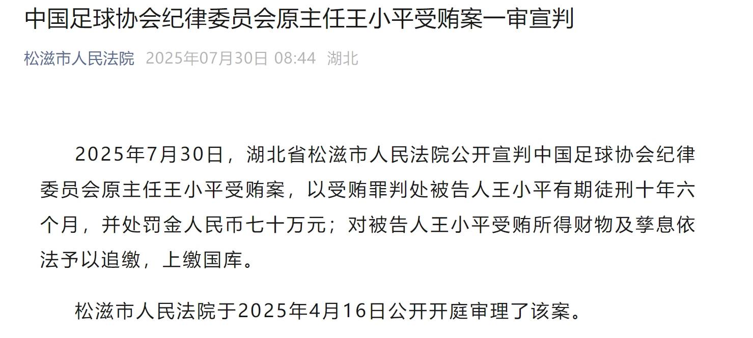 足协原纪律委员会主任王小平一审获刑10年6个月+罚金70万