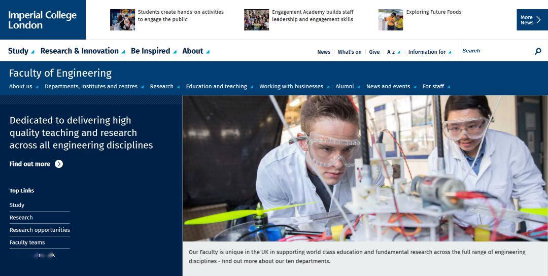 图源：帝国理工学院官网 优势工科专业 化学工程：英国第二，世界第七 机械工程：英国第二