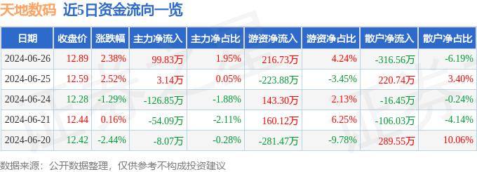 股票行情快报：天地数码（300743）6月26日主力资金净买入9983万元(图1)