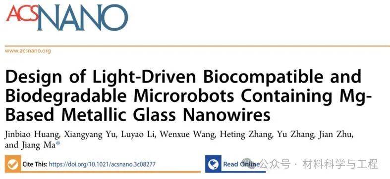 深圳大学《ACS Nano》：基于镁基金属玻璃纳米线的微型光驱动机器人
