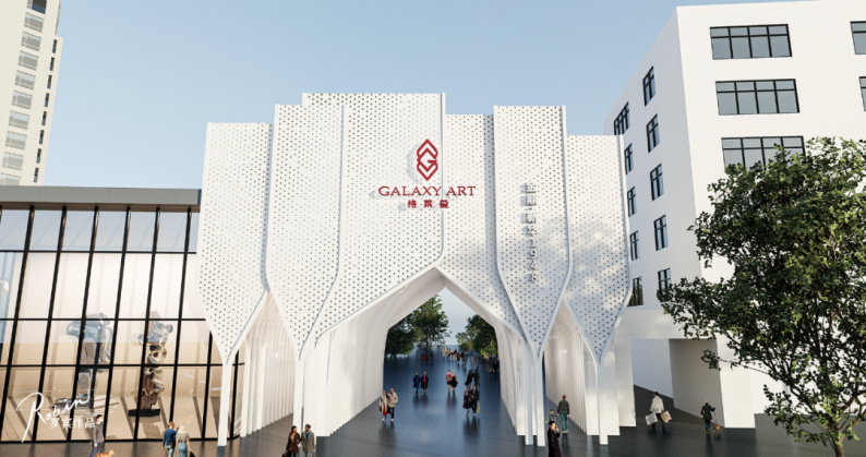 宴会接待中心外立面的选材是带有律动肌理的冲孔铝板,与园区门头的