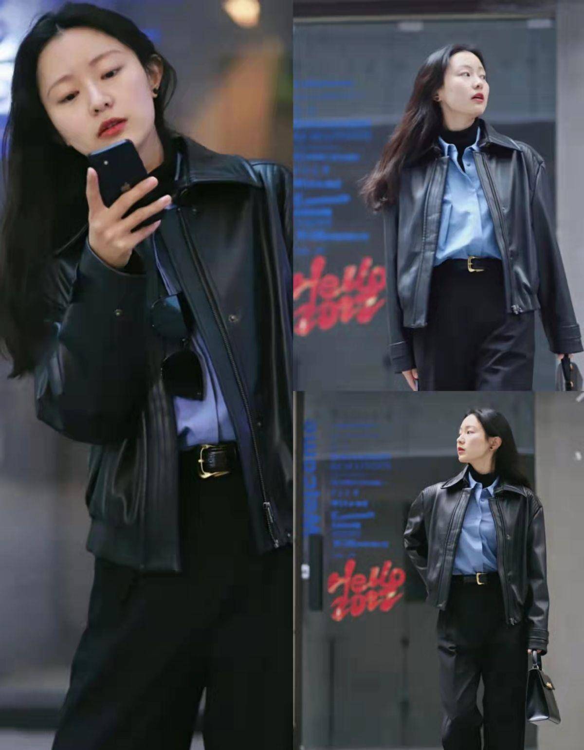 女生春季穿黑皮衣太帅了!