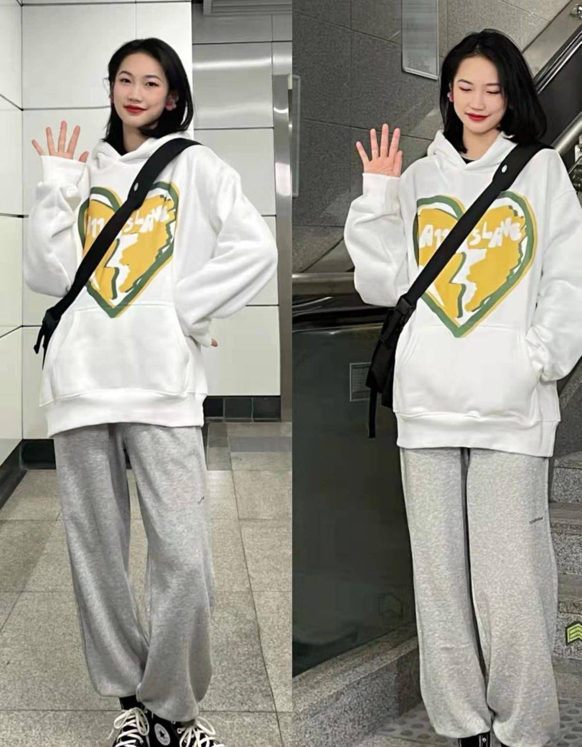 搭配一条有束脚设计的灰色卫裤,既是方便快捷省事,还简约又大方,随意