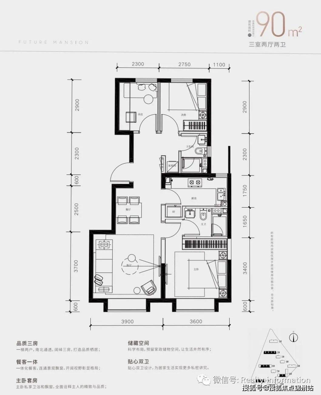 90㎡三室两厅两卫,总价约500万,南北通透,科学布局,动静分离.
