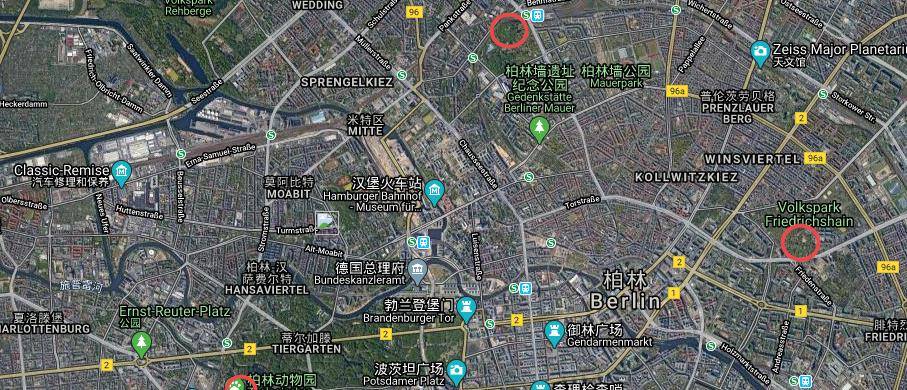 地图上标出的柏林市区三座防空塔残骸位置,其中左下角为柏林动物园