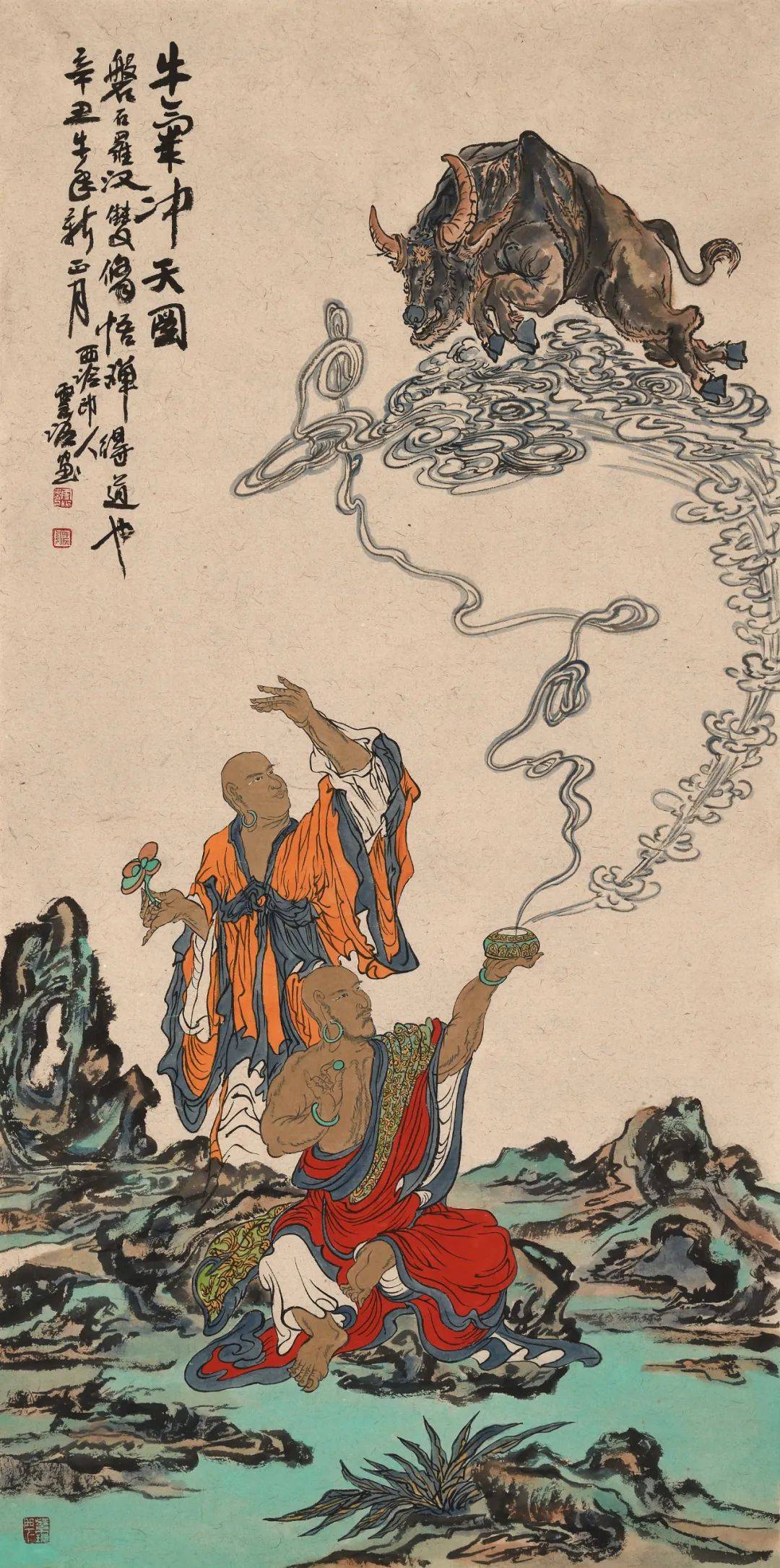 138×34cm×4  纸本水墨雪泥禅意罗汉四条屏《菩提本无树》138×69cm