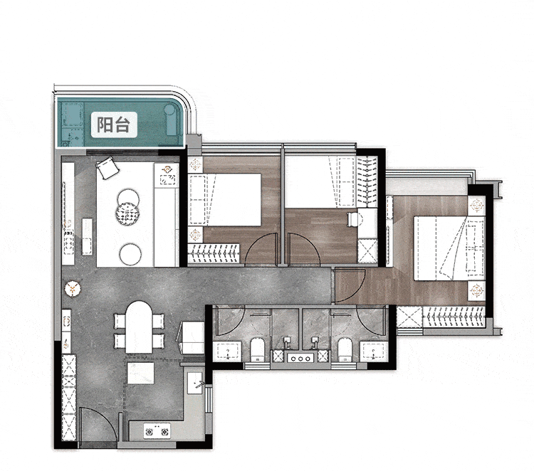 建面约89㎡ 户型图118㎡ 四房两厅两卫270°环幕视野,四开间南向望江