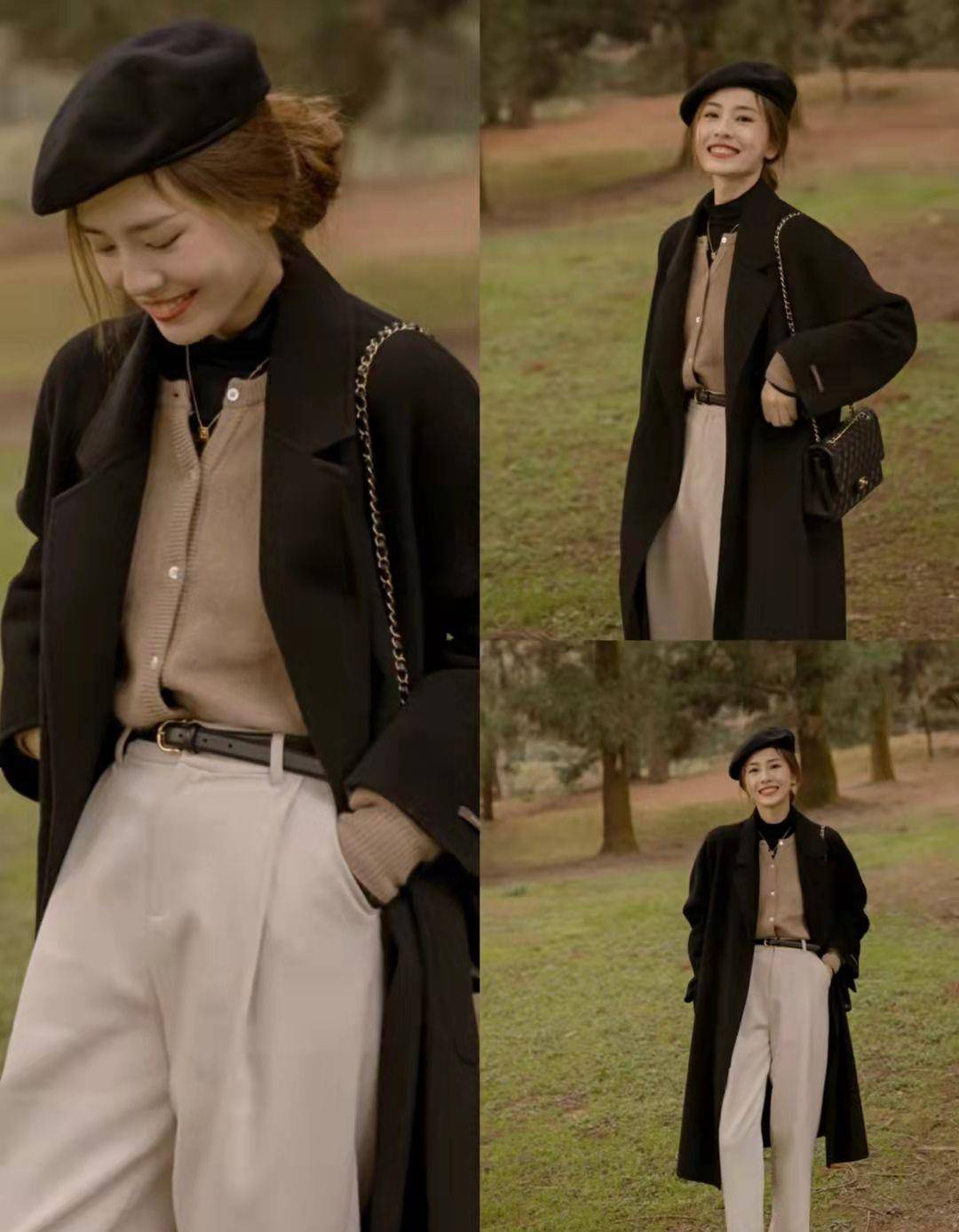 原创冬季黑色大衣怎么叠穿照着她们这样穿时尚不单调简约又大方