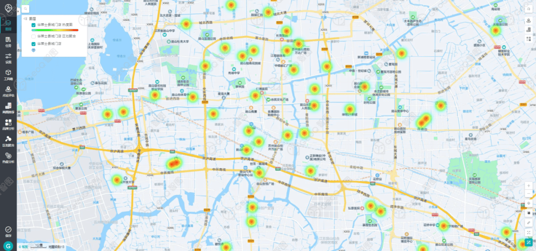华莱士在昆山市的门店热力图/数据来源:geoq data 县域数据华莱士在