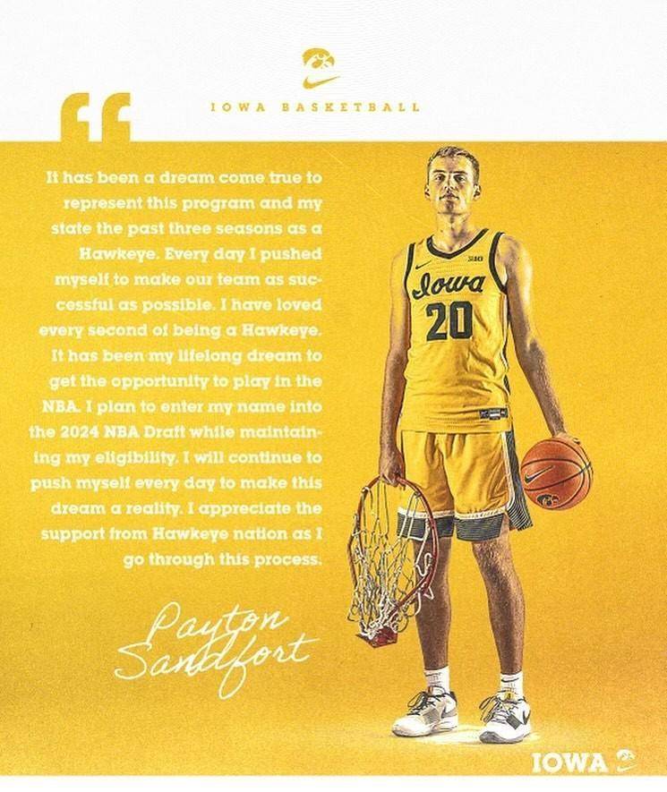 原创预测二轮ncaa爱荷华大学侧翼佩顿桑德福特将参加2024年nba选秀