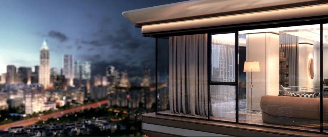 户内270°转角端厅巨幕视野,窗外蓝天白云,葱翠欲滴的园林及城芯璀璨