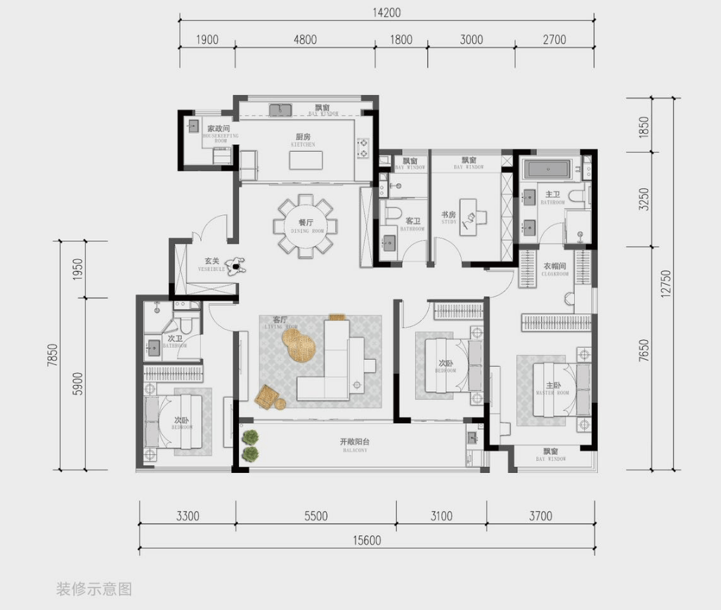 绿城春月锦园建面约177㎡户型四开间朝南,南向面宽约15.6米.