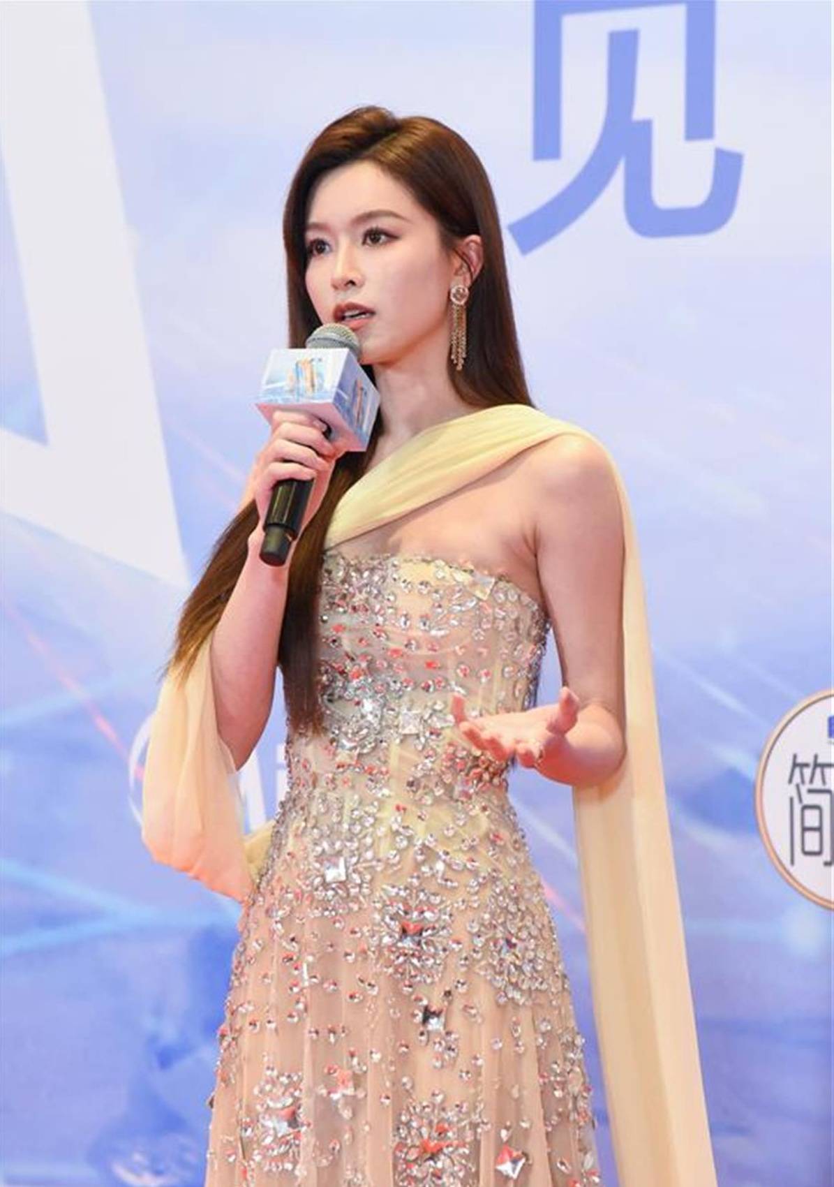 文咏珊当晚穿了一条浅杏色薄纱仙裙,裙摆上不规则地镶嵌着大片碎钻