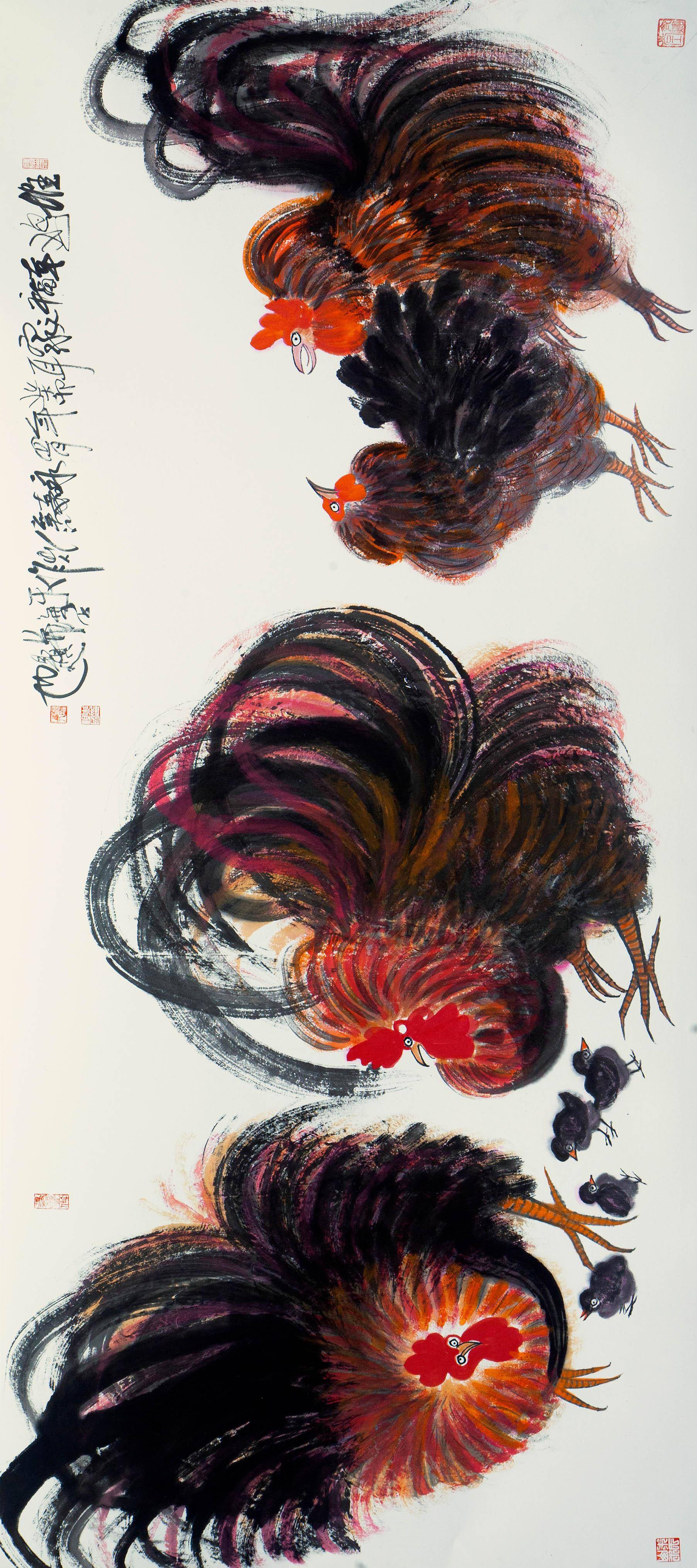 朱祖国的写意动物画作品:鹰鸡牛三绝