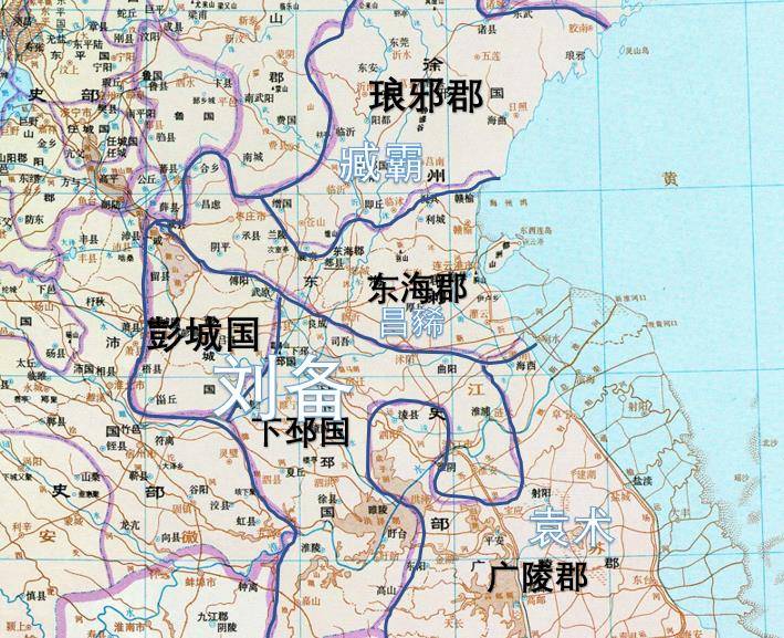 徐州刺史部下辖二郡三国,从北到南依次是琅邪国,东海郡,彭城国,下邳国