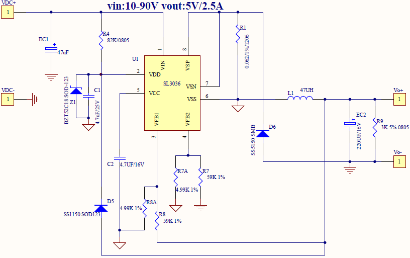 降压芯片sl3036耐压100v 电机驱动板应用48-85v降压12v 1a以内