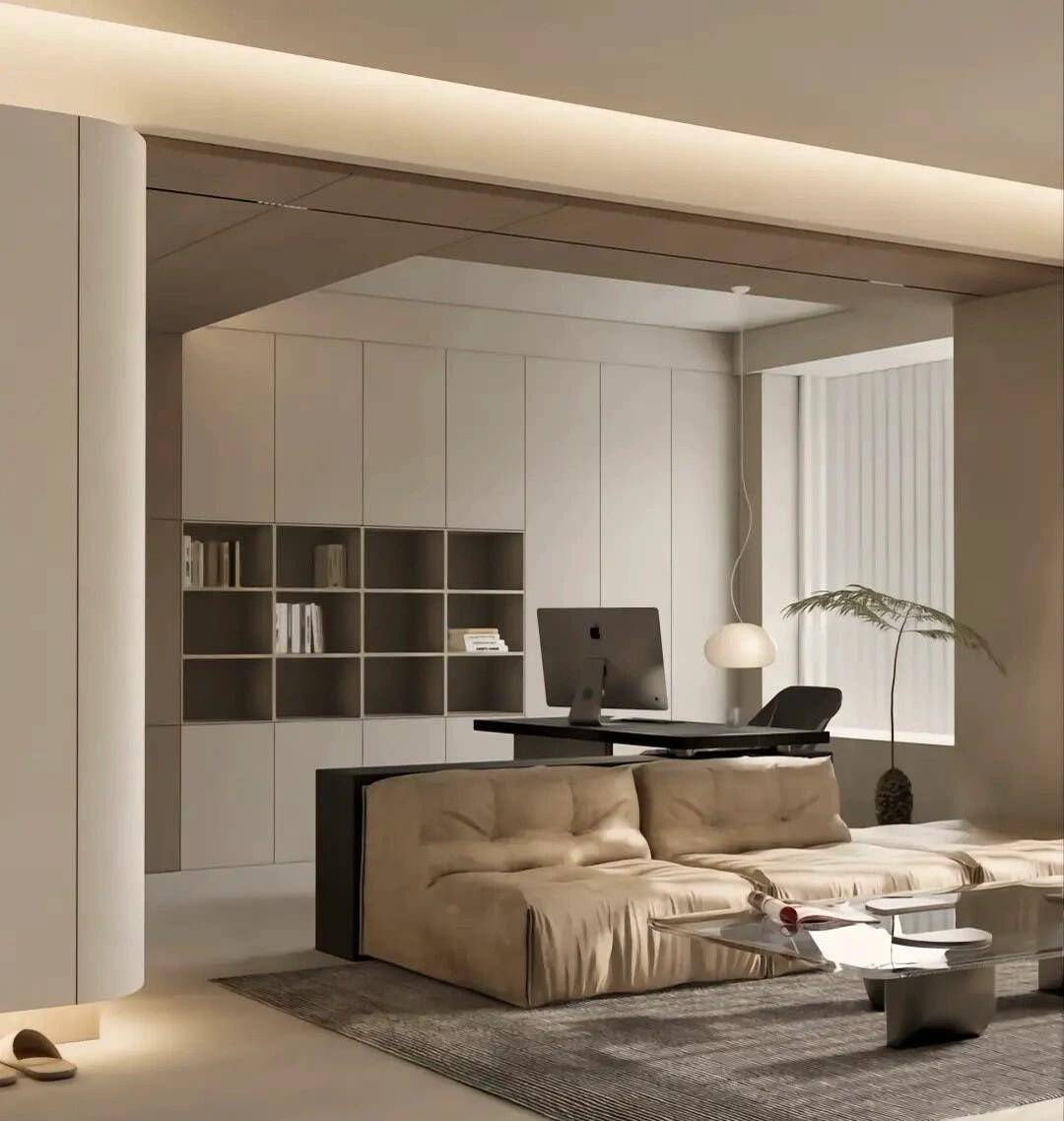 客厅书房一体式的设计,想要高端感,离不开灯光的设计,可以参考这个
