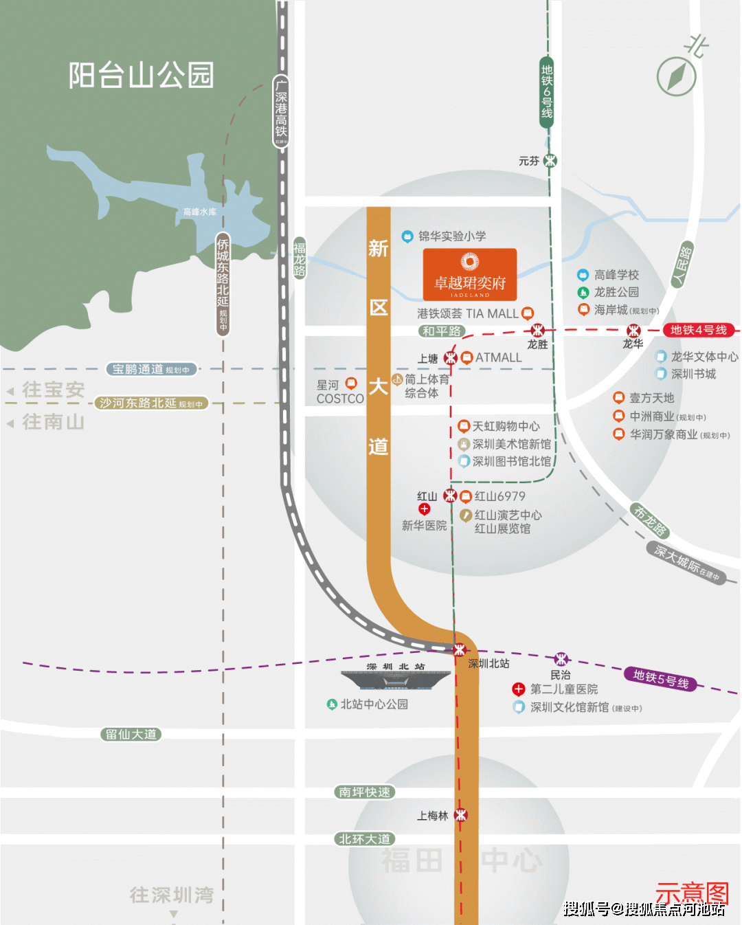 项目坐拥双地铁,直线距离约500米(地图测距)是4号线龙胜站,约800米