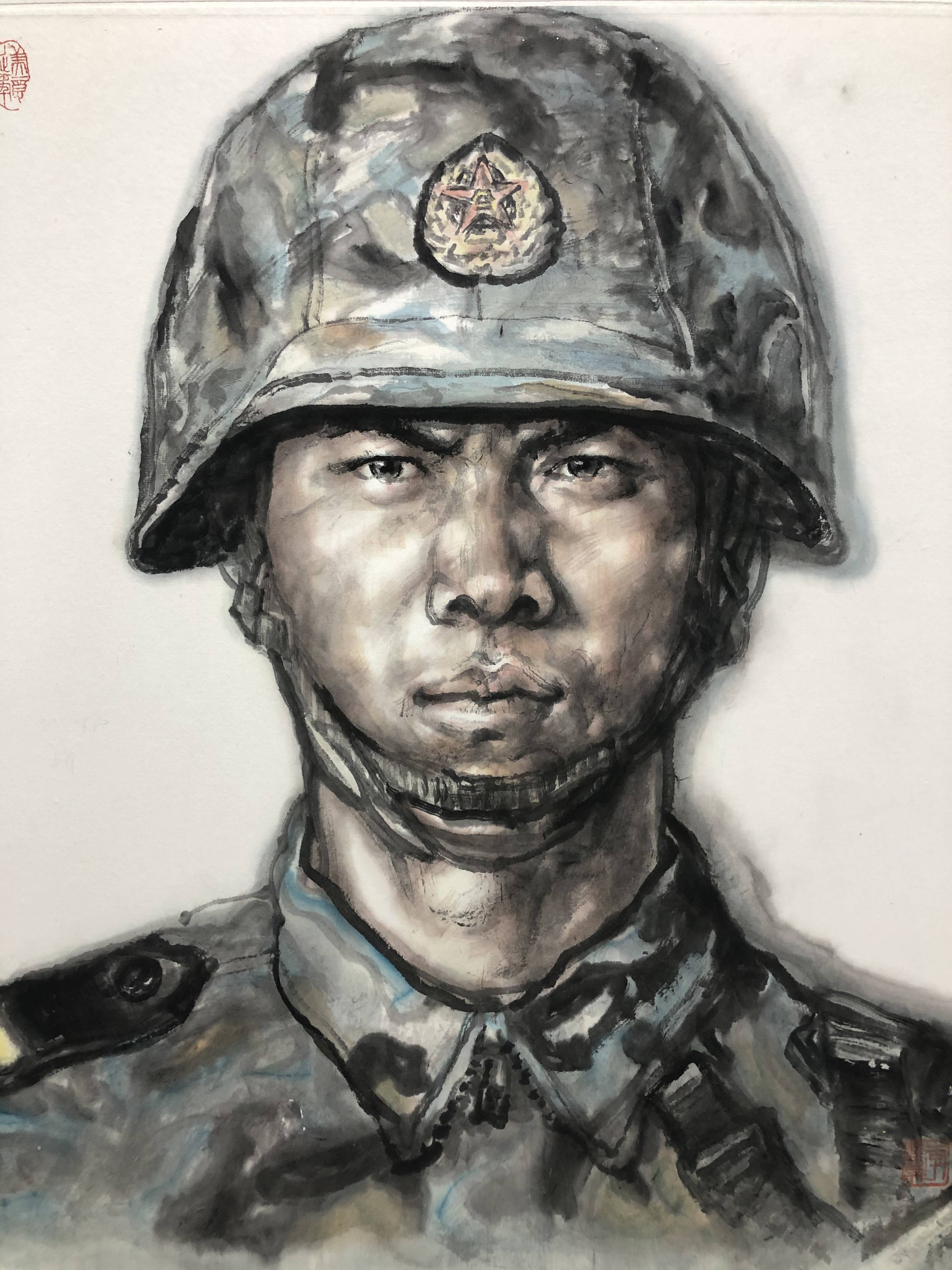 画家李伟军水墨人物肖像——军人画像系列