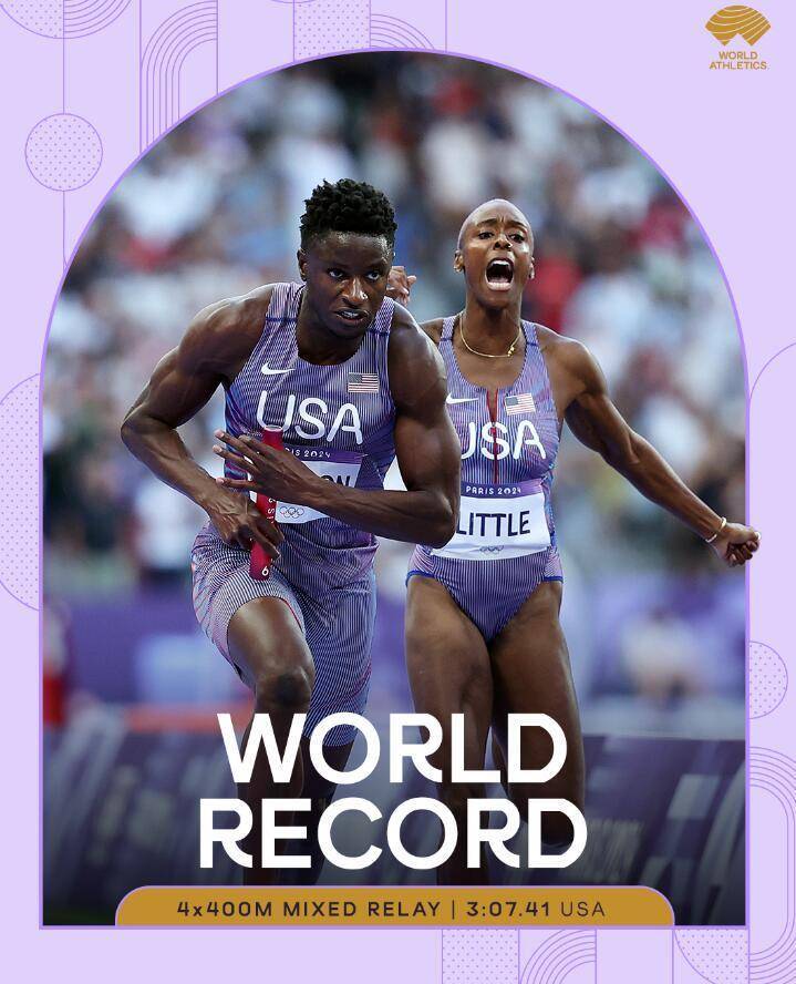 奥运田径首项新世界纪录诞生 美国队预赛破了男女4x400米混合接力纪录