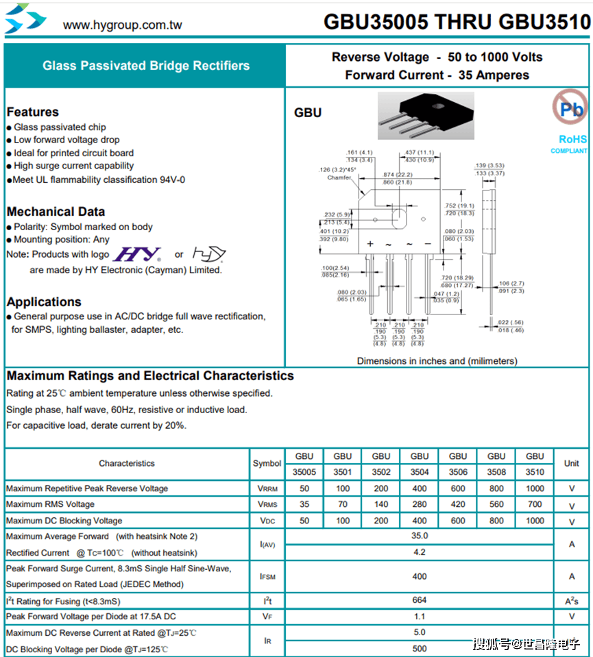 35a电压:1000v封装:gbu型号:gbu3510品类:整流桥gbu3510的重要参数