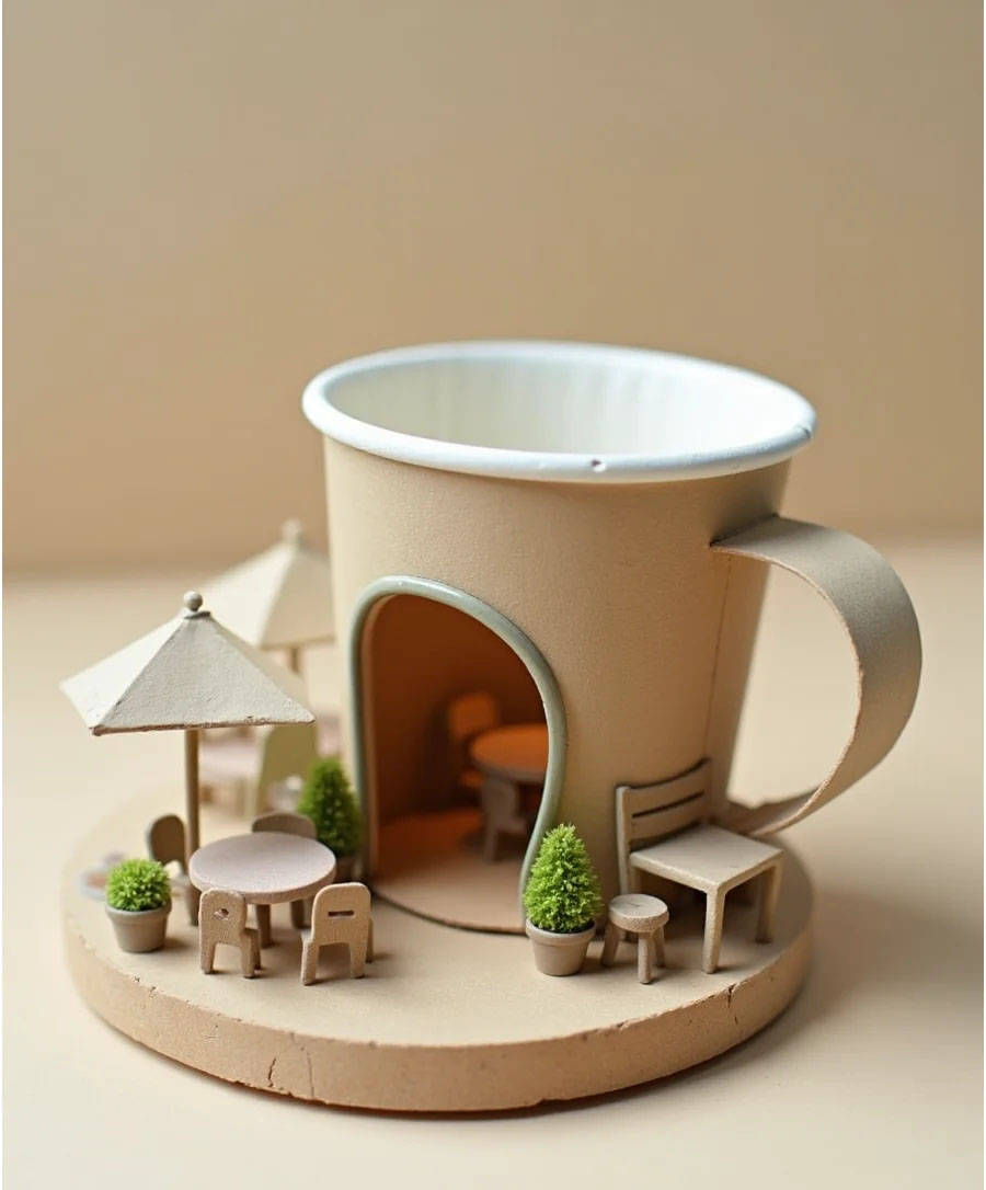 变废为宝:整个咖啡馆模型采用了废纸杯作为主要制作材料,这一创意不仅