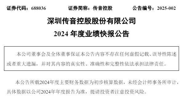 传音控股2024年扣非净利润下滑一成 供应链成本上升毛利率下滑