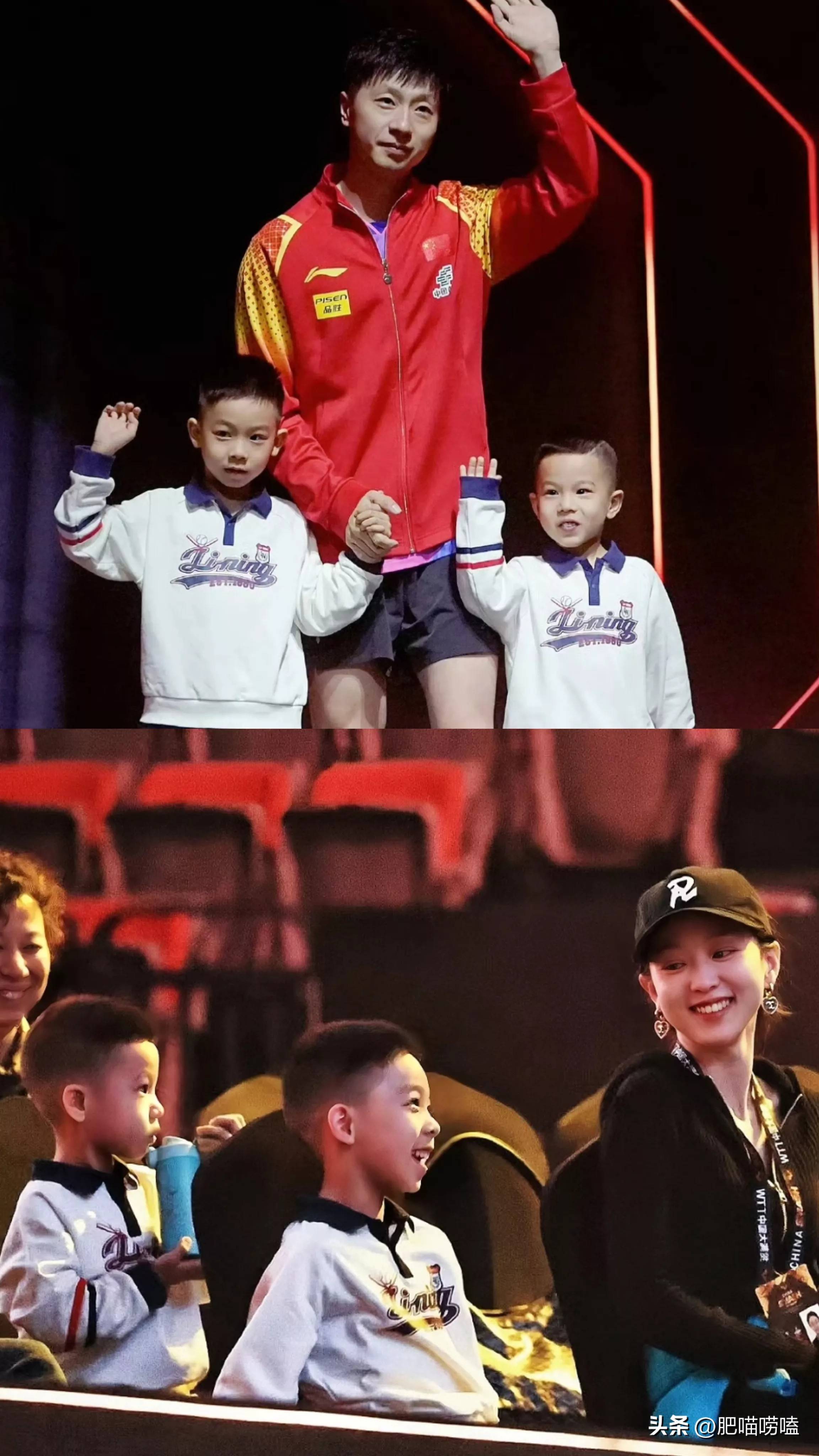 马龙在北京携妻儿看球赛,俩儿子一个像爸一个像妈,夏露又白又美