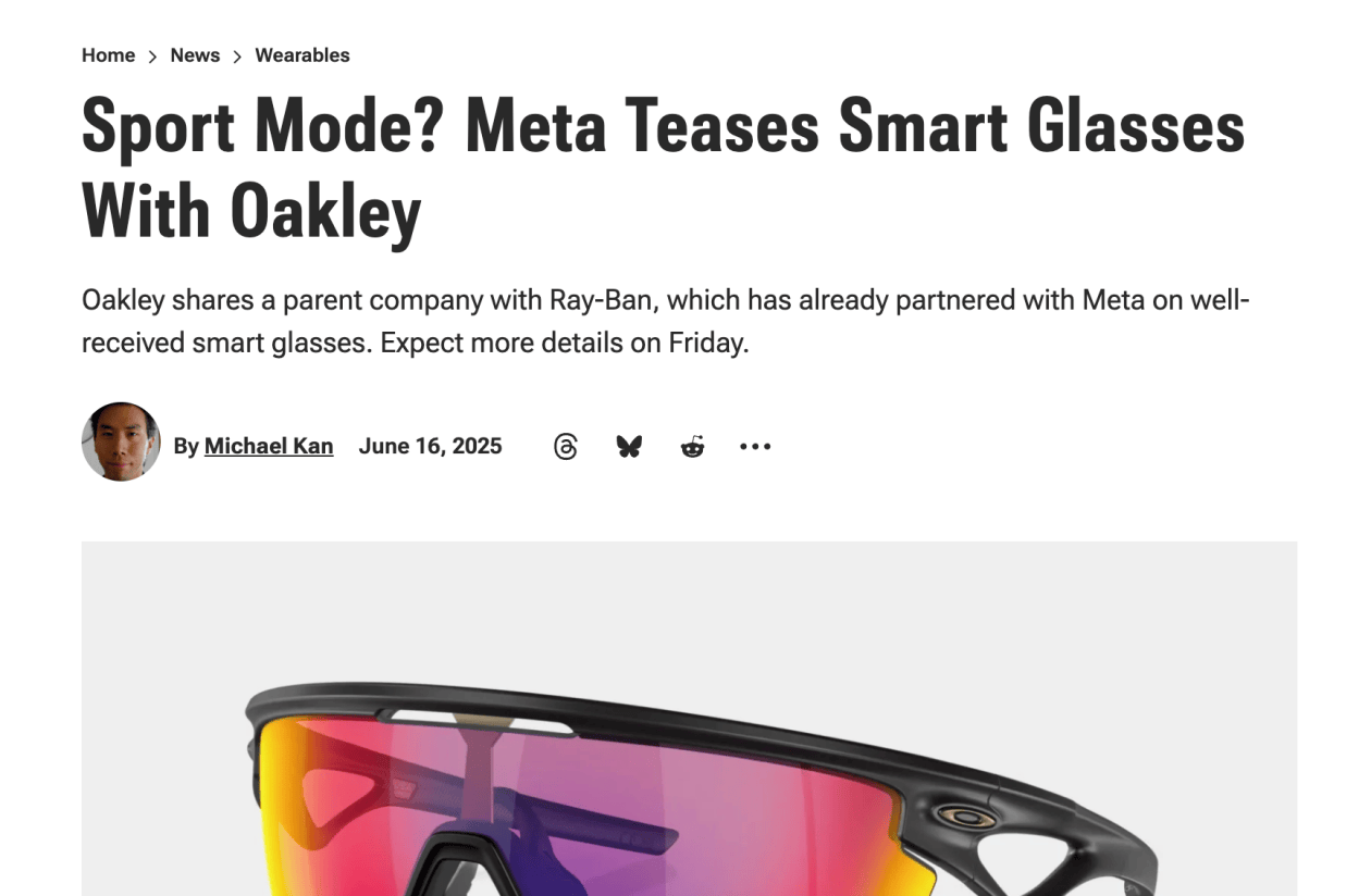 Meta与Oakley联名智能眼镜将于本周五亮相，扎克伯格亲自转发