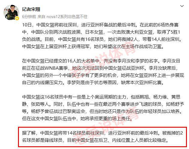 中国女篮亚洲杯14人名单出炉，阵容分工明确，夺冠在望