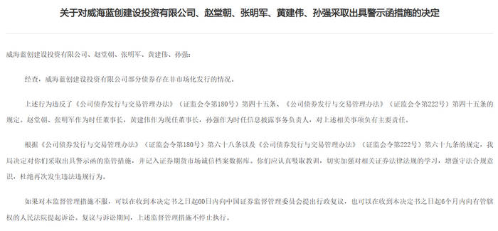 山东证监局通报三起债市违规案例 威海蓝创涉债券发行被点名(图2)