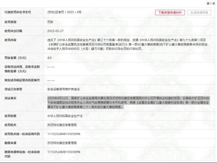 中金黄金多家子公司因安全或事故被罚 领导不按规定带班下井(图3)