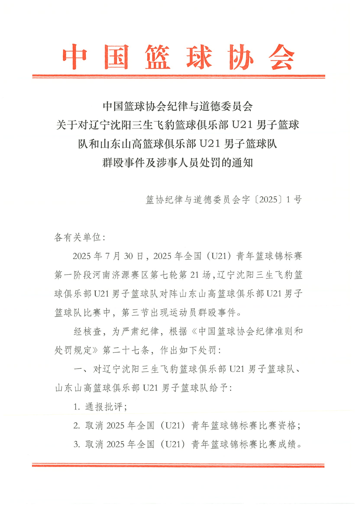 辽宁山东U21处罚结果:4人被停赛三年 取消两队比赛资格