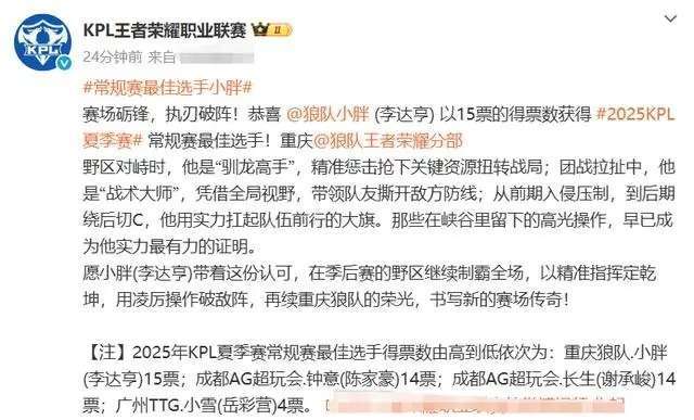 小胖获KPL夏季赛常规赛MVP，钟意长生分票小雪成最佳新锐