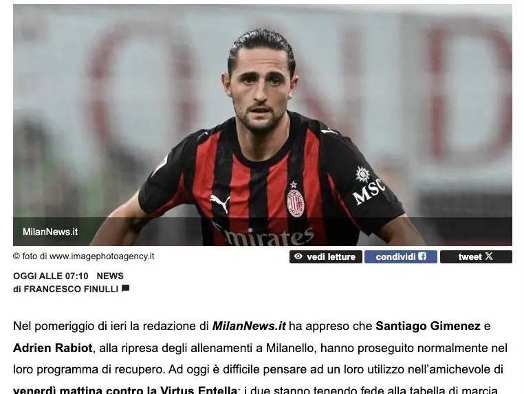 意甲媒体透露：米兰目前只有三人伤病还未痊愈，他们是希门尼斯、拉比奥特与托莫里