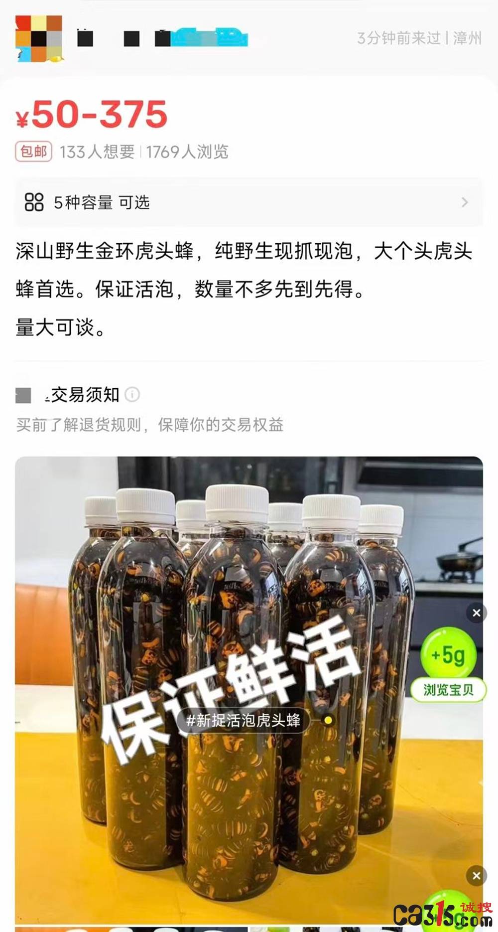 金环虎头蜂活体泡酒现网络直播间 商家虚假宣传疗效涉嫌违法(图3)