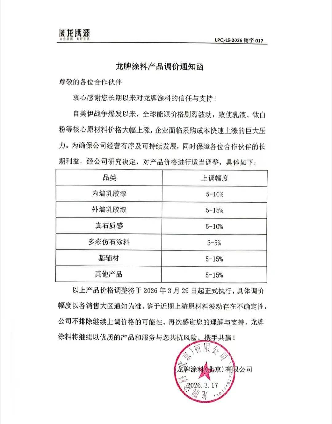 涂观察丨立邦/三棵树/嘉宝莉/龙牌/巴德士/美涂士/固克/中涂/大桥/金陵/兰陵11家涂企涨价 