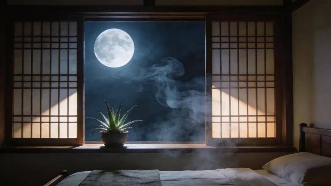 插图：说念家静谧氛围，一盆芦荟在蟾光下的剪影