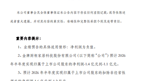 金牌家居预计2026年上半年净亏损1.1亿元至1.4亿元