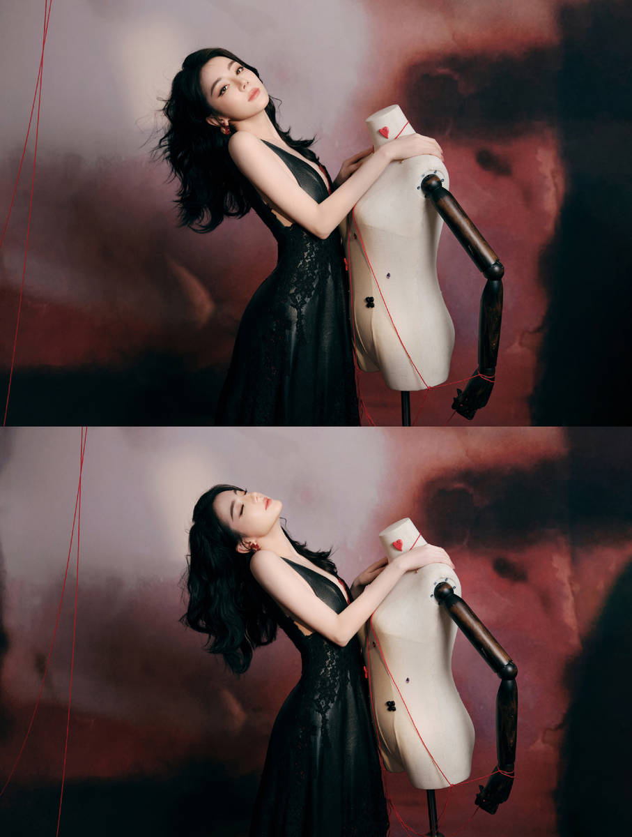 迪丽热巴化身提线木偶女郎！穿黑色深V裙性感吸睛