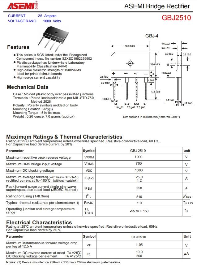 gbj2510-asemi整流桥gbj2510参数,封装,尺寸_电流_电压_性能