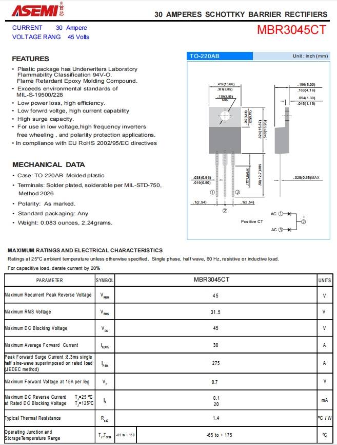 大电整流二极管驱动器等电路变频器电源开关mbr3045ct应用领域:参数