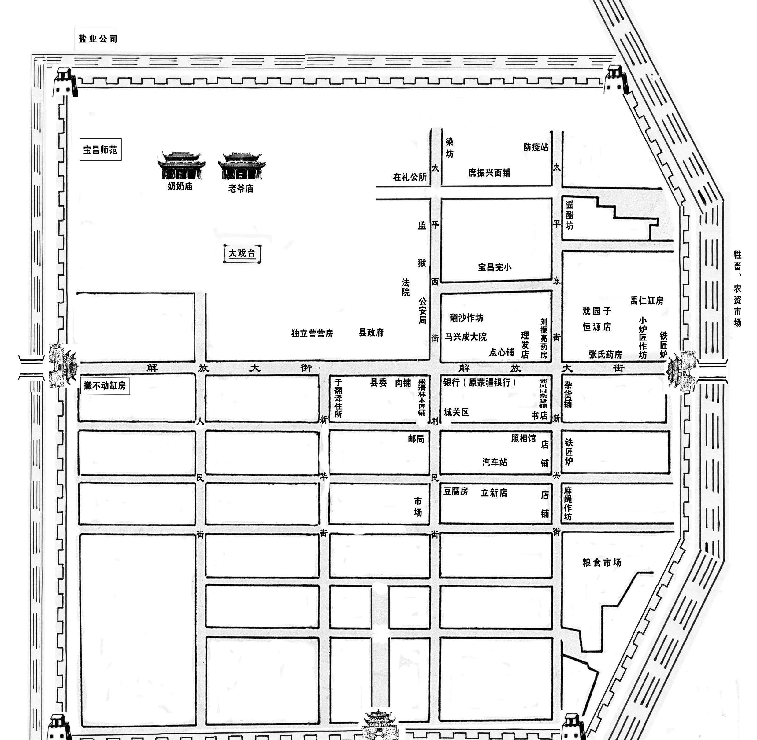 20世纪50年代宝昌镇布局图1958年9月26日,经国务院批准,撤销察哈尔盟