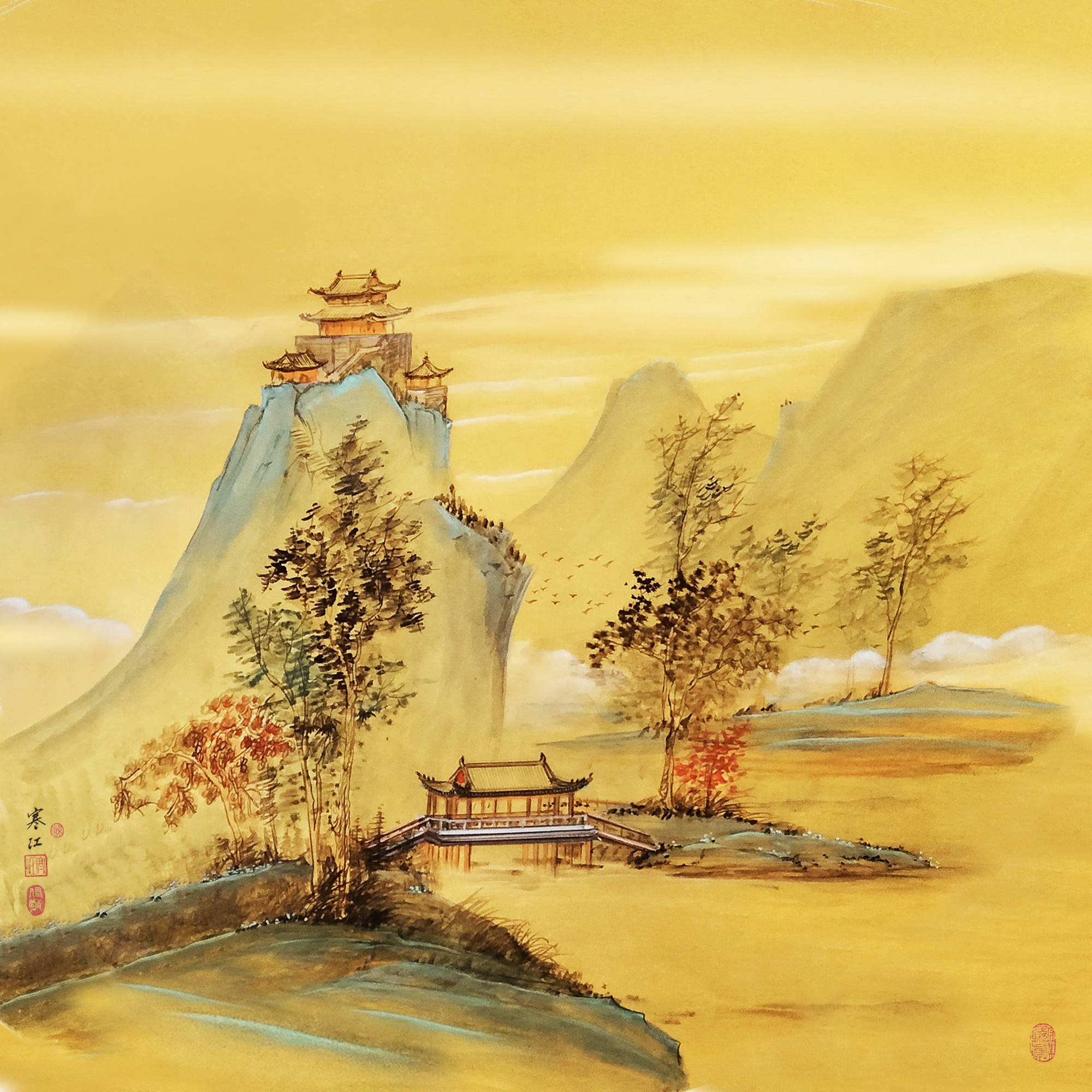 界画寒江---小写意《青绿山水界画》四幅