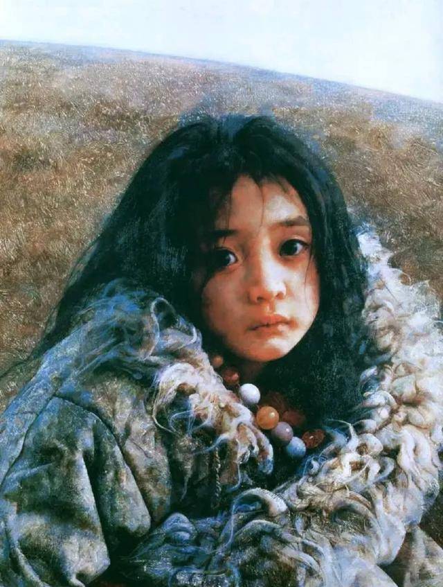 西藏女孩明亮而哀伤的眼睛,油画艺术家艾轩油画作品欣赏
